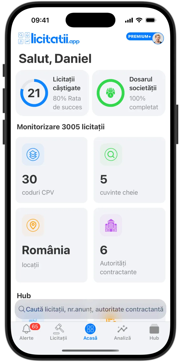 Aplicația licitatii.app afișând alerte de licitații SEAP/SICAP pe telefon
